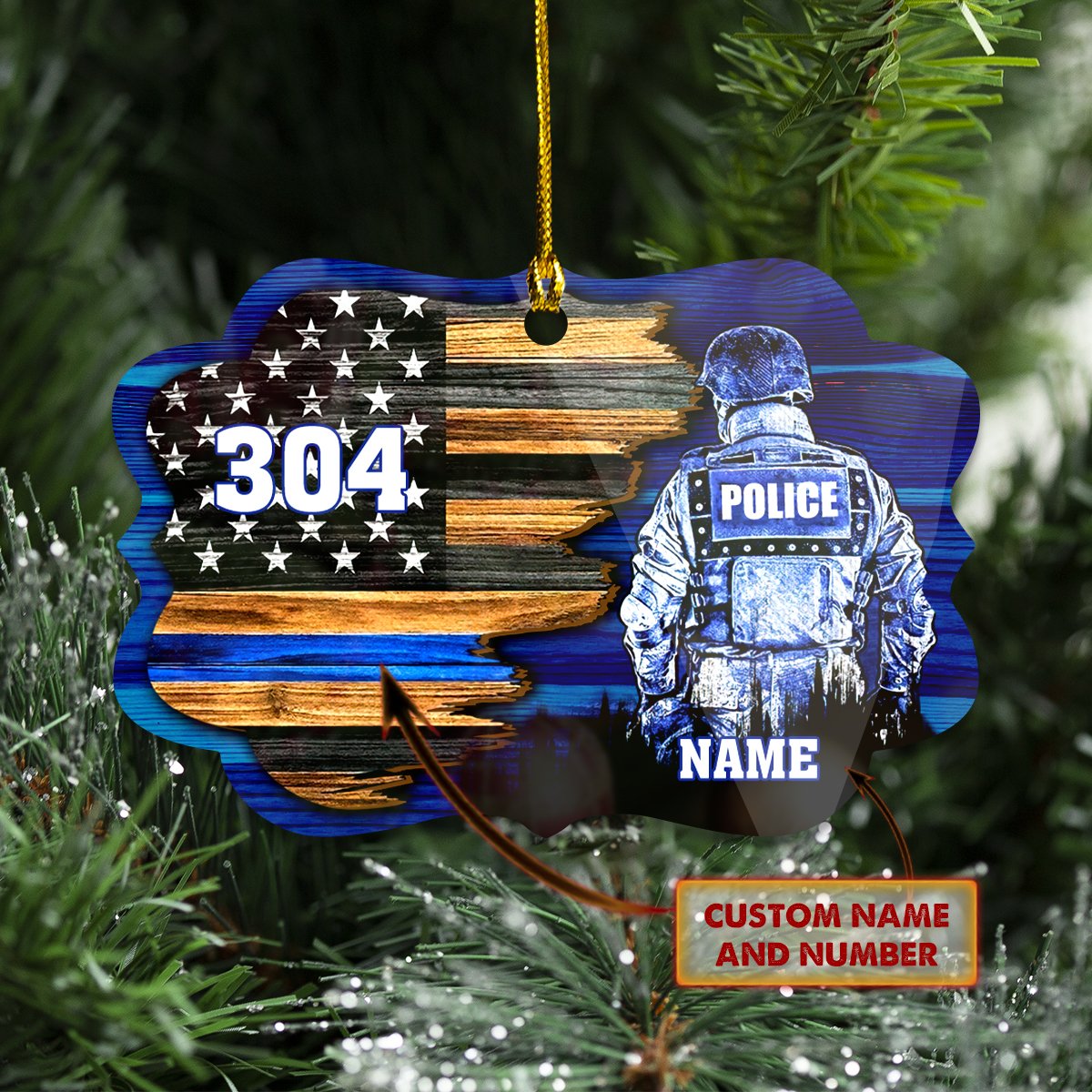 Back The Blue Blue Line Flag - Personalized Police Officer Ornament (Printed On Both Sides) 1022